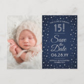 Then & Now Photosキンセニェラ日付を青で保存 インビテーションポストカード (正面)