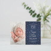 Then & Now Photosキンセニェラ日付を青で保存 インビテーションポストカード (スタンド正面)