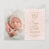 Then & Now Photos Quinceaenera日付をピンク色に保存 インビテーションポストカード (正面)