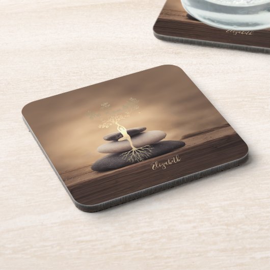 Therapist Zen Stones, Gold Tree Silhouette Brown コースター (左側)