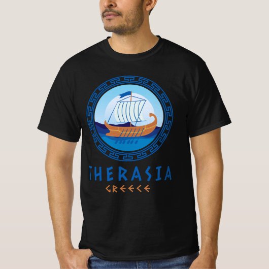 Therasia，ギリシャのギリシャ船デザインメンズ Tシャツ (正面)