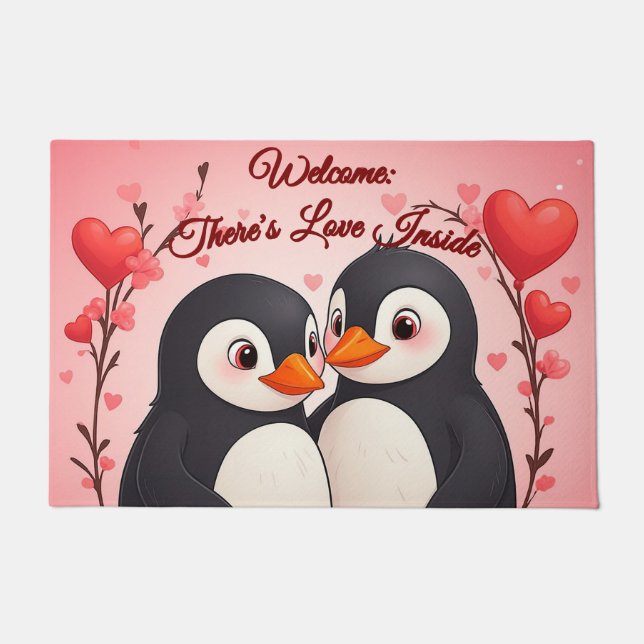 There's Love Inside: Penguin Love Welcome Mat ドアマット (正面)