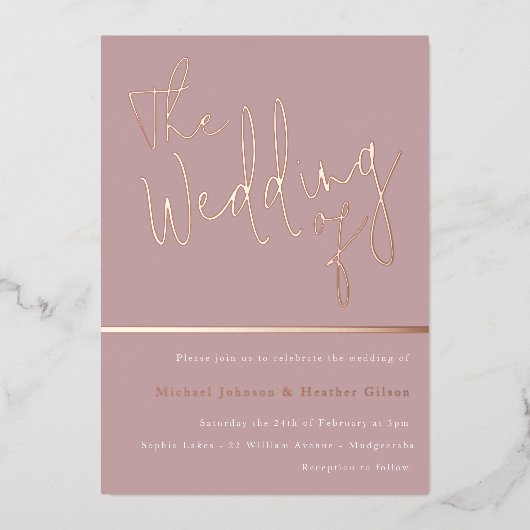 The's 結婚 of：埃っぽいバラピンクローズ金ゴールド 箔招待状 (正面)