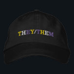They Them Nonbinary Pride 刺繍入りキャップ<br><div class="desc">They/Them written in yellow,  white,  and purple pride colors on a black hat for a non-binary person. The nonbinary flag colors and their pronouns.</div>
