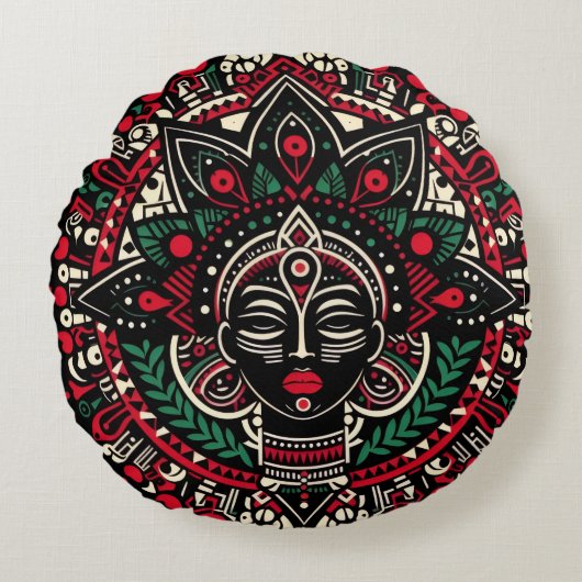 Theyyam Spirit Pillow – Vibrant Indian Folk Art ラウンドクッション (正面)