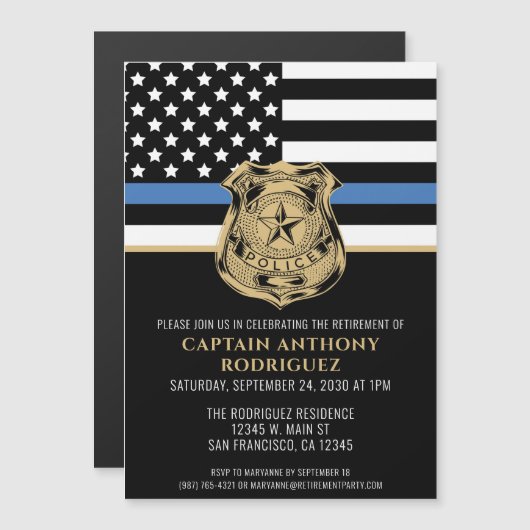 Thin Blue Line法執行警察の退職 マグネット招待状 (正面/裏面)