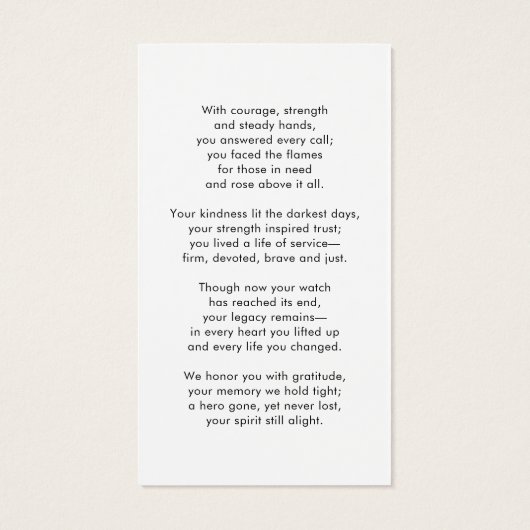 Thin Red Line Firefighter Memorial Prayer Card (裏面)