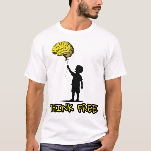 Think Free – Minimalist Brain Balloon Illustration Tシャツ (正面)