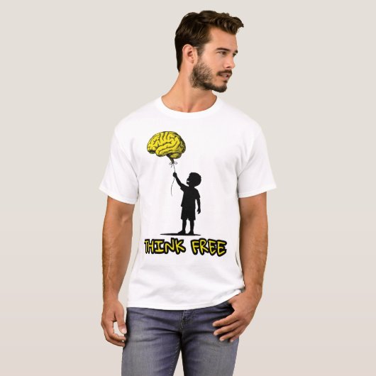 Think Free – Minimalist Brain Balloon Illustration Tシャツ (正面フル)