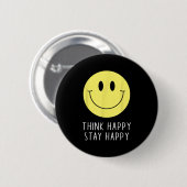 Think Happy Stay Happy Motivation Quote Yellow Smi 缶バッジ (正面&裏面)
