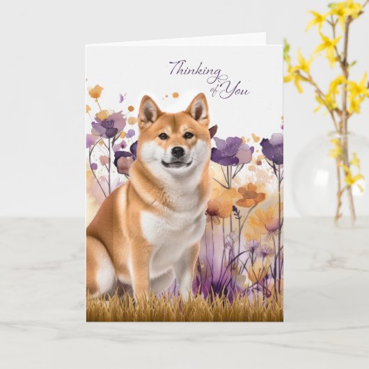 Thinking of You Akita Dog Flowers カード (黄色い花)