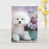 Thinking of You Bichon Frise Dog Purple Flowers カード (黄色い花)