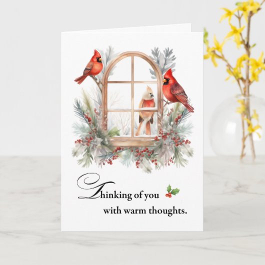 Thinking of You Cardinal Birds in Winter Window カード (黄色い花)
