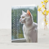 Thinking of You Cat Looking Out of Rainy Window カード (黄色い花)