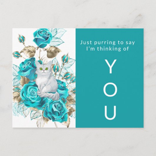 Thinking of You Cat with Turquoise Roses ポストカード (正面)