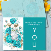 Thinking of You Cat with Turquoise Roses ポストカード
