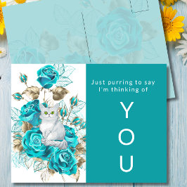 Thinking of You Cat with Turquoise Roses ポストカード