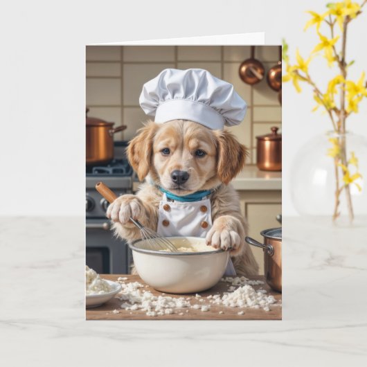 Thinking of You Chef Golden Retriever Puppy  カード (黄色い花)