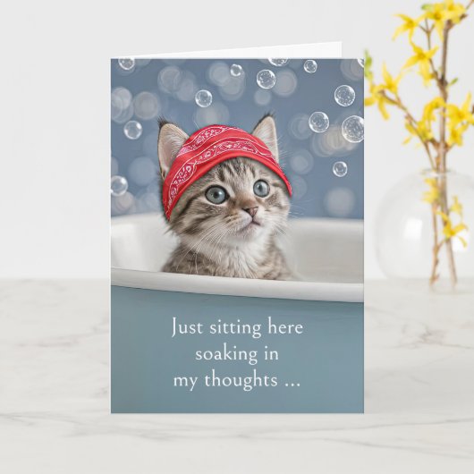 Thinking of You Cute Kitten Cat in a Bubble Bath カード (黄色い花)