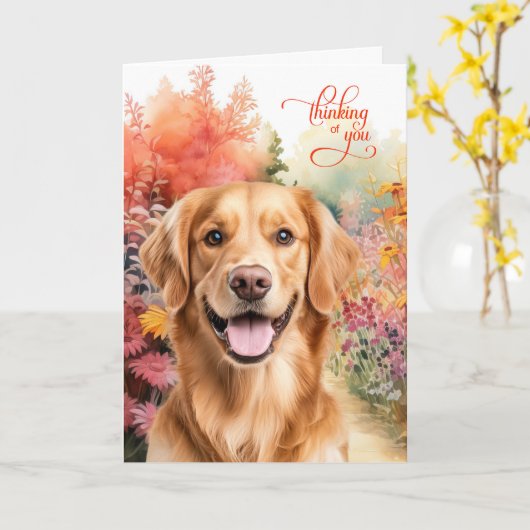 Thinking of You Golden Retriever Dog Garden Path カード (黄色い花)