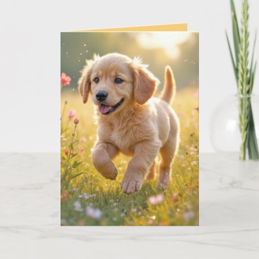 Thinking Of You Golden Retriever Puppy In a Meadow カード (正面)