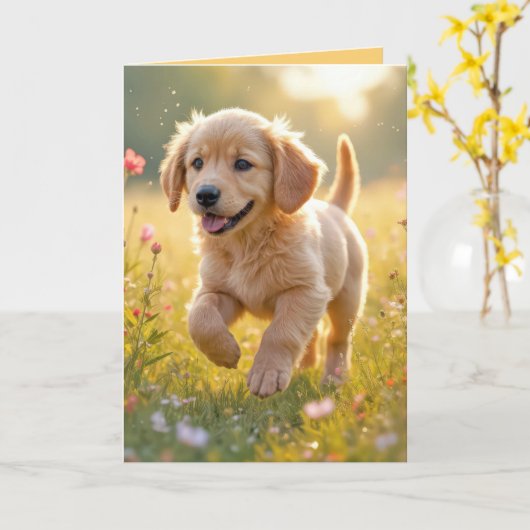Thinking Of You Golden Retriever Puppy In a Meadow カード (黄色い花)