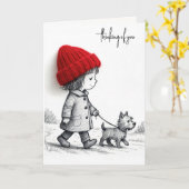 Thinking of You Little Girl Walking Her Dog カード (黄色い花)