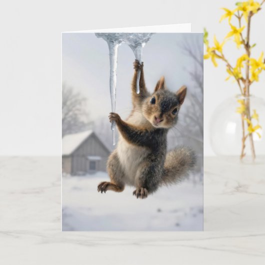 Thinking of You Squirrel Hanging From an Icicle カード (黄色い花)