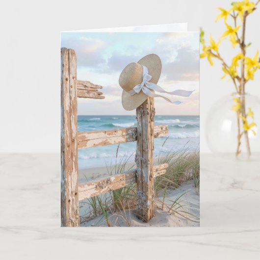 Thinking of You Sun Hat On a Beach Fence カード (黄色い花)