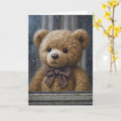 Thinking of You Teddy Bear In Rainy Window カード (黄色い花)