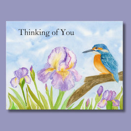 Thinking of You Watercolor Kingfisher Purple Iris ポストカード