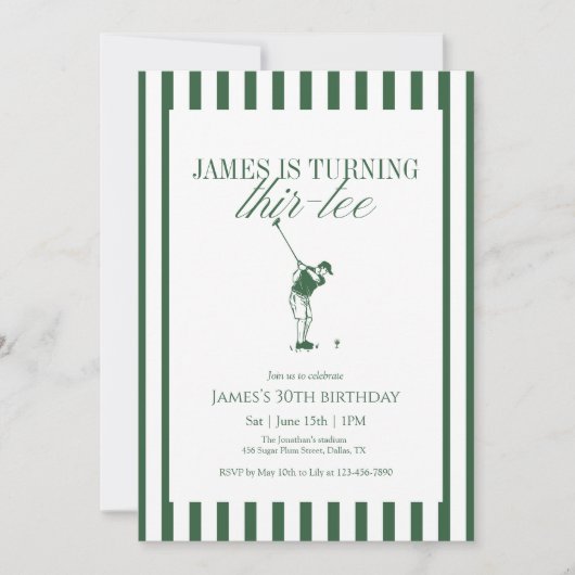 Thir-Tee Golf 30th Birthday Green Stripe 招待状 (正面)