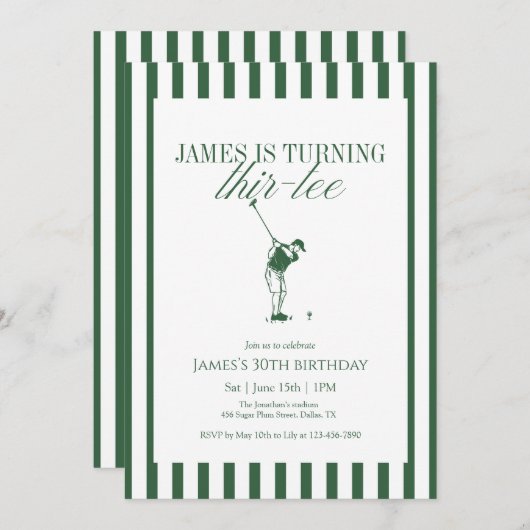 Thir-Tee Golf 30th Birthday Green Stripe 招待状 (正面/裏面)