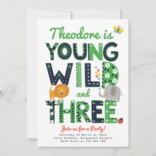 Third Birthday Invite, Young, Wild and Three Boys 招待状 (正面)
