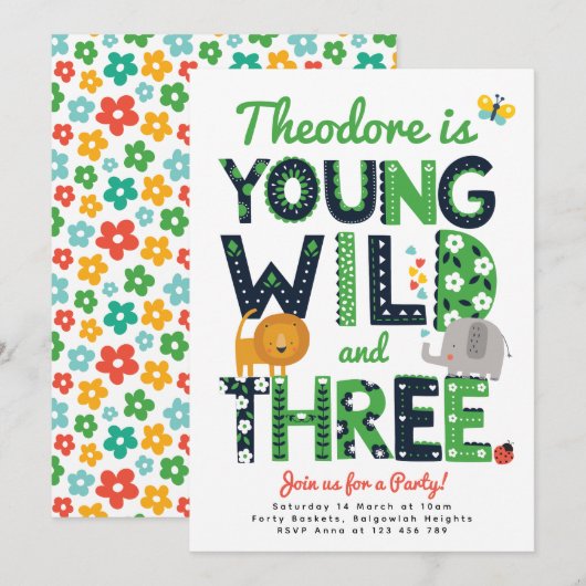 Third Birthday Invite, Young, Wild and Three Boys 招待状 (正面/裏面)