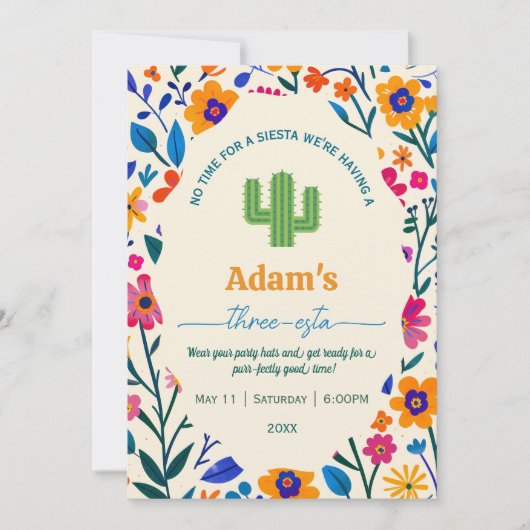 Third Birthday Mexican floral cactus - Three-esta  招待状 (正面)