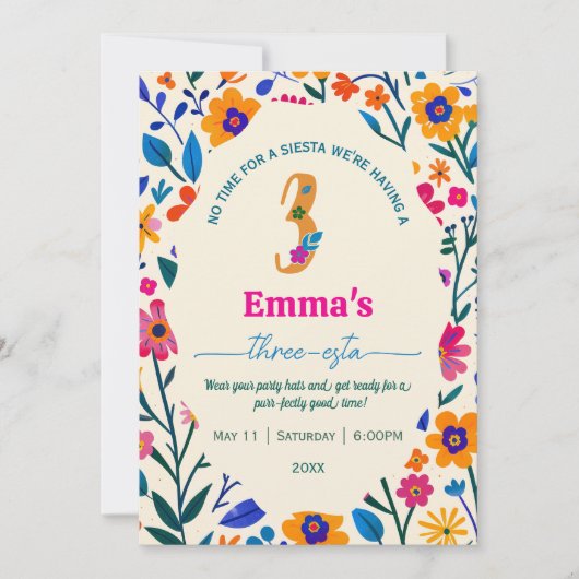 Third Birthday Mexican floral cactus - Three-esta  招待状 (正面)