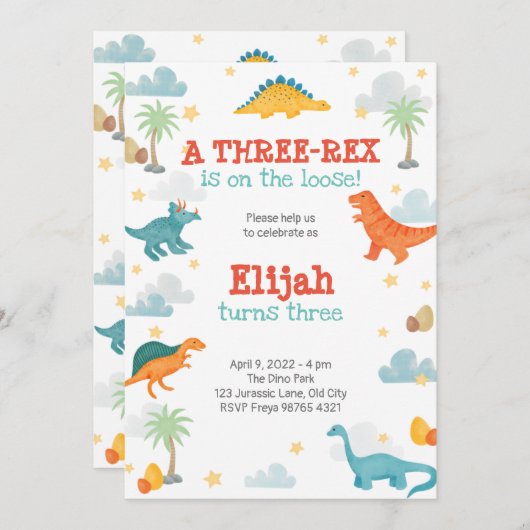 Third Birthday Party Dinosaurs invitation 招待状 (正面/裏面)