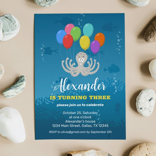 Third Birthday Party Octopus Balloons Invitation 招待状