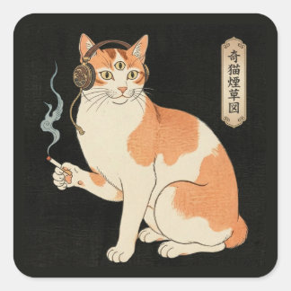 Third Eye Cat with Headphones & Cigarette - Japane スクエアシール