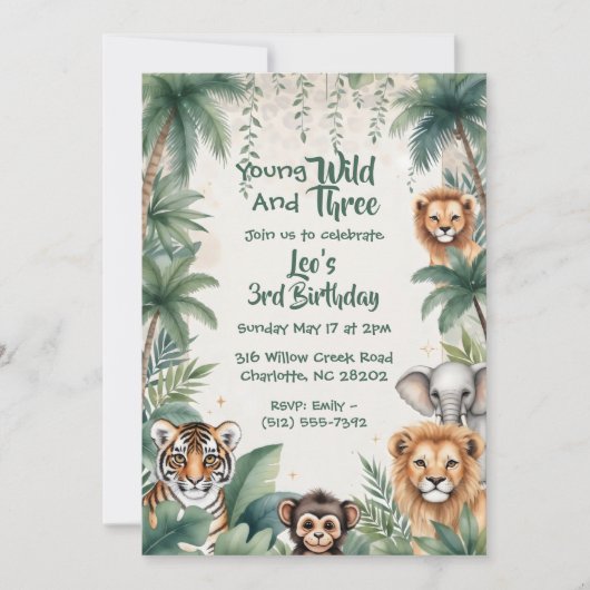 Third Wild Jungle Safari Animals Boy 3rd Birthday  招待状 (正面)