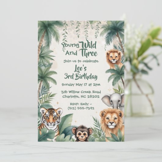 Third Wild Jungle Safari Animals Boy 3rd Birthday  招待状 (スタンド正面)