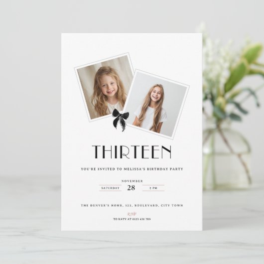 Thirteen black ribbon birthday teens invitation 招待状 (スタンド正面)