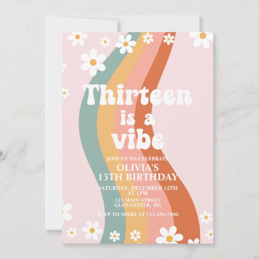 Thirteen is a Vibe グルービーレインボー 13歳の誕生日 招待状 (正面)