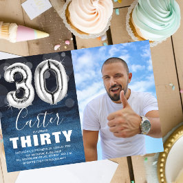 Thirty バースデー シルバー バルーン | ブルー フォト パーティー 招待状
