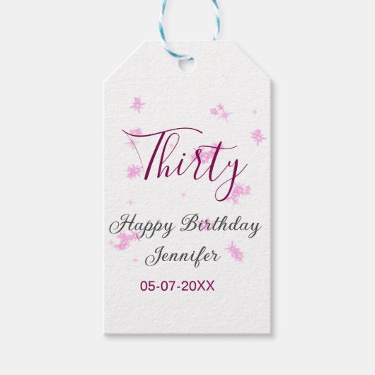 Thirty birthday pink glitter stars black 30th date ギフトタグ (正面)