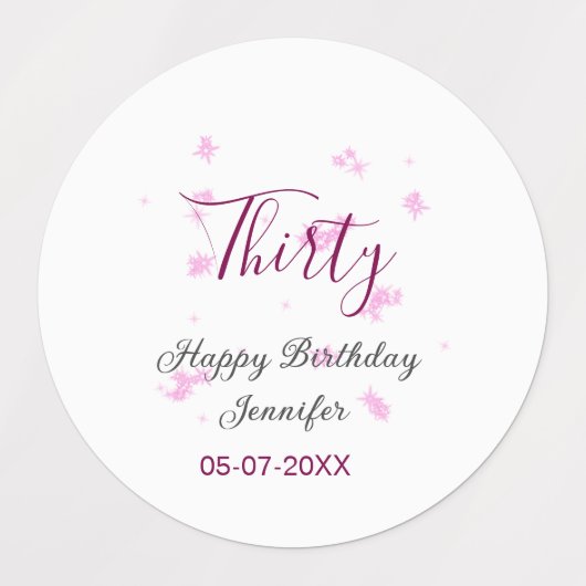 Thirty birthday pink glitter stars black 30th date ラベル (デザイン1)