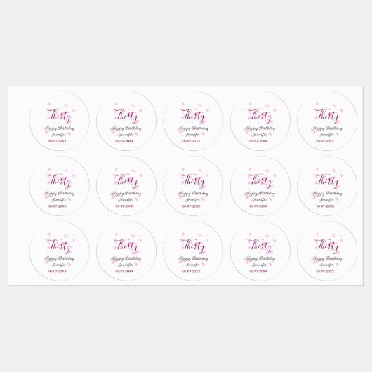 Thirty birthday pink glitter stars black 30th date ラベル (シート)