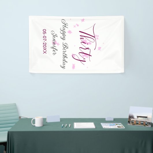 Thirty birthday pink glitter stars black 30th date 横断幕 (トレードショー)