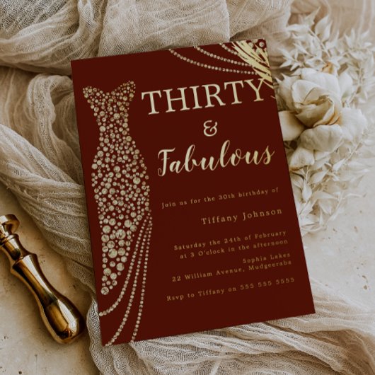 Thirty & Fabulous Burgundy & Gold 30th Birthday  箔招待状